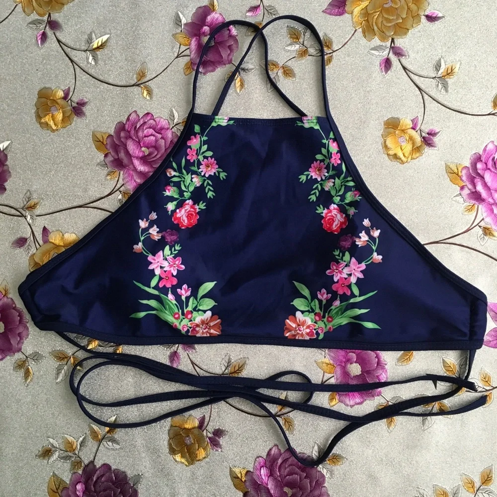 Blue Floral Two Piece Halter Swimsuit - Picture 2 of 7